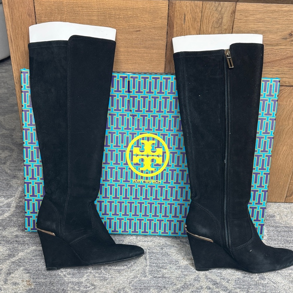 Tory Burch Black Suede Knee-High Wedge Boots